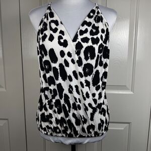 Express Women Halter Top Sz S Black Animal Print Faux Wrap VNeck Sleeveless